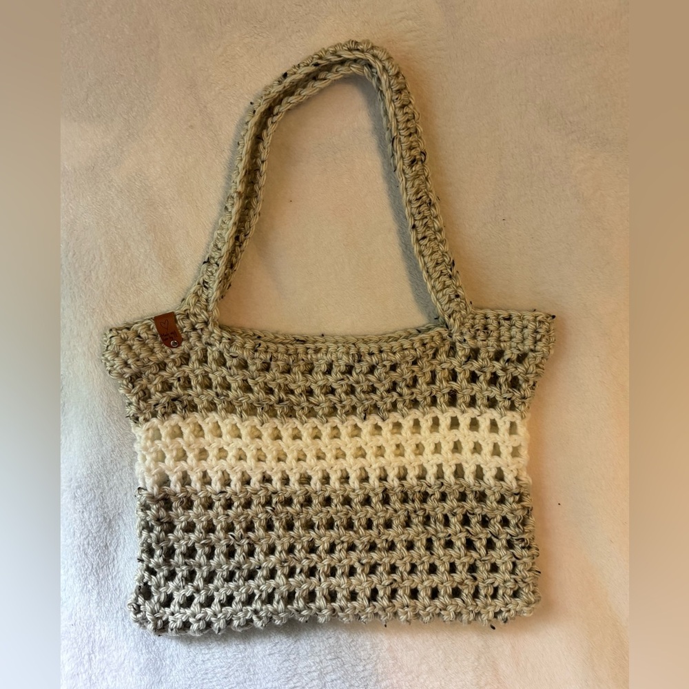 Handcrafted Beige and White Crochet Tote Bag